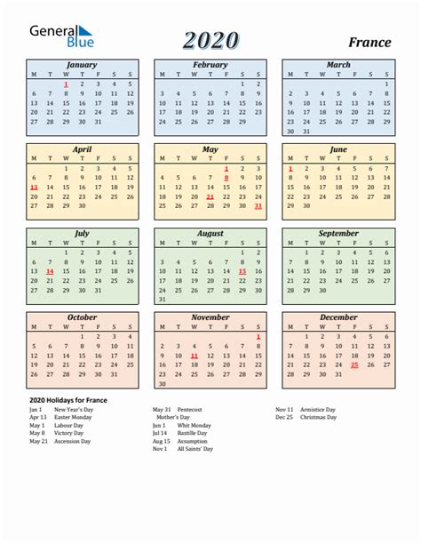 2020 Holiday Calendar For France Monday Start