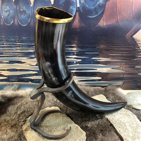 Viking Ale Or Mead Drinking Horn With Brass Rim And Wrought Iron Stand 16