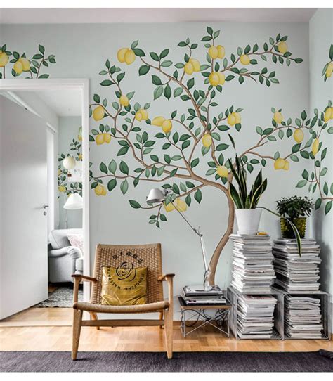 Abstract Watercolor Hand Painted Lemon Trees Wallpaper Wall Etsy Tree