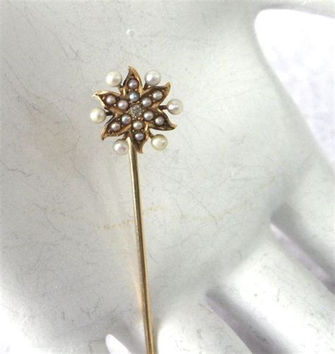 Edwardian 14kt Gold Diamond Stick Pin Pearls Star Handmade Etsy