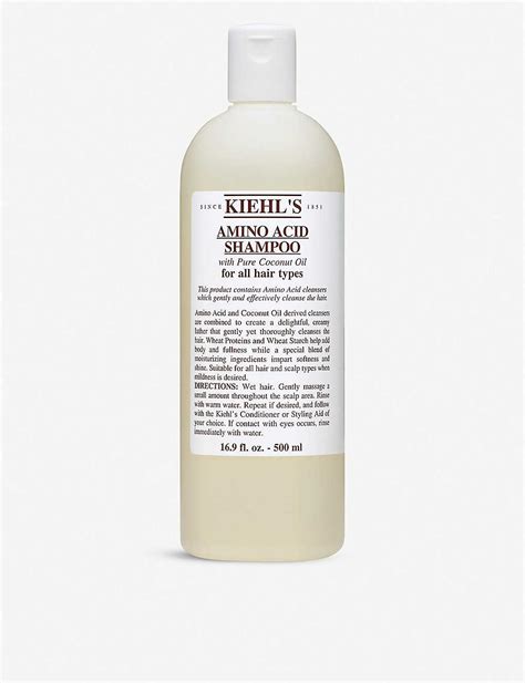 This mild formulation gently and thoroughly cleanses the scalp and hair with a unique blend of amino acid and coconut oil cleansers which impart softness and shine. KIEHL'S - Amino Acid shampoo 500ml | Selfridges.com