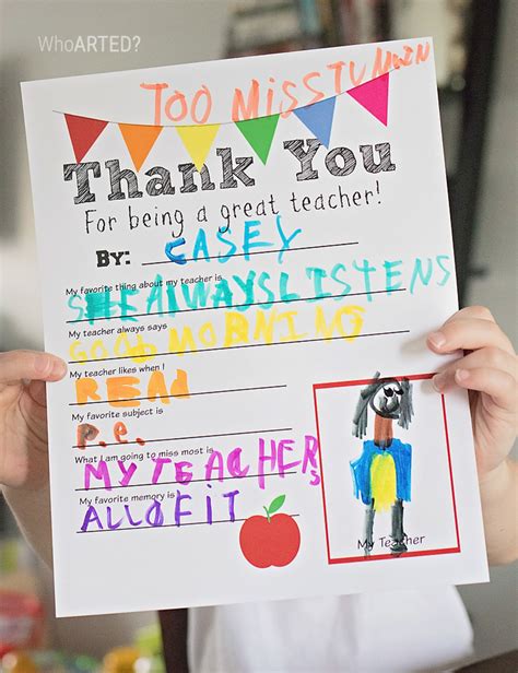 Teacher Appreciation Thank You Letter Printable Who Arted