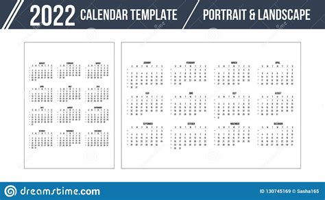 Calendar Grid For 2022 Year On White Background Portrait And Landscape