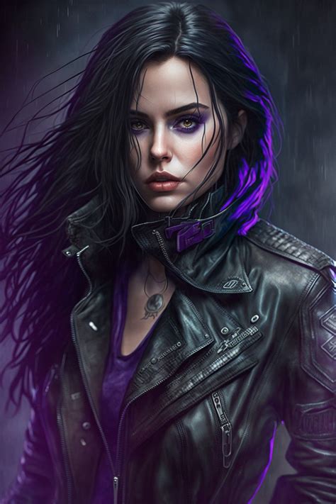 a woman in black leather jacket with purple hair and piercings on her head standing in the rain