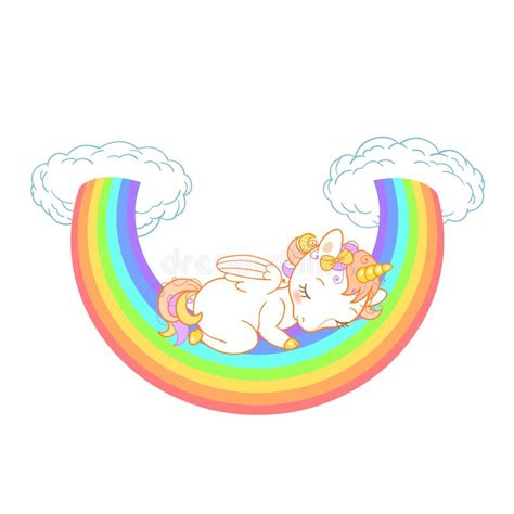 Cute Baby Unicorn Sleeping On The Rainbow With Clouds Vector