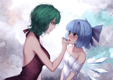 2girls Blueeyes Bluehair Blush Bow Breasts Cirno Fairy Greenhair
