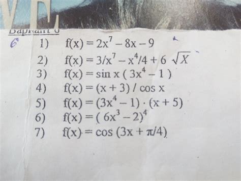 Помогите пожалуйста (производная) 1)f(x)=2x^7-8x-9 2)f(x)=3/x^7-x^4/4+6√x 3)f(x)=sin - Школьные ...