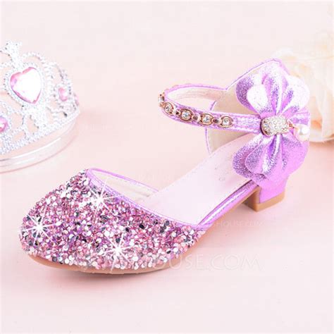 Girls Round Toe Closed Toe Leatherette Sparkling Glitter Low Heel