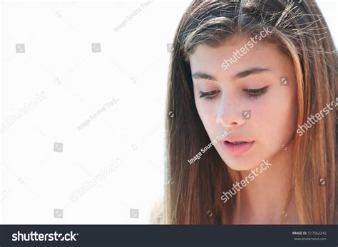 Portrait Brunette Teenage Girl Looking Down Stock Photo 517562245