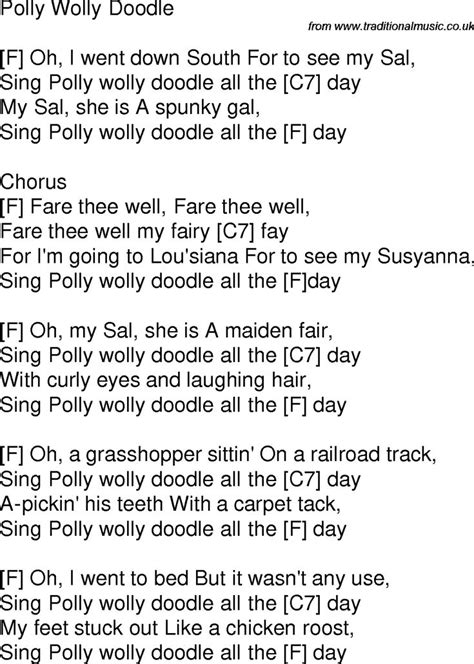 Old Time Song Lyrics With Chords For Polly Wolly Doodle F Songs