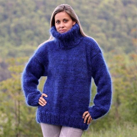 4 Strands Hand Knitted Mohair Sweater Blue Mix Color Fuzzy Turtleneck