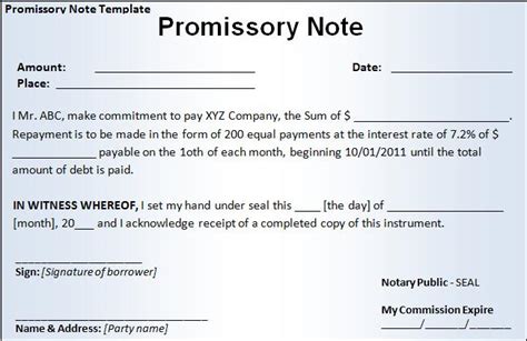 Promissory Note Template Free Printable Word Templates