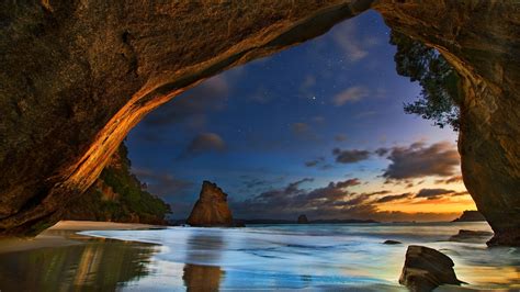 Wallpaper Cathedral Caves, New Zealand, sea, clouds, dusk 2560x1600 HD Picture, Image