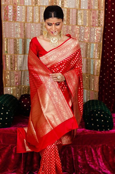 Red Handloom Banarasi Silk Saree In Cutwork And Booti Design Mail