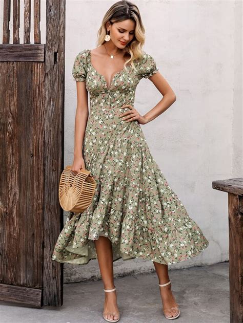 Simplee Notched Neck Ruffle Hem Floral Flowy Dress Flowy Floral Dress Flowy Dress Boho