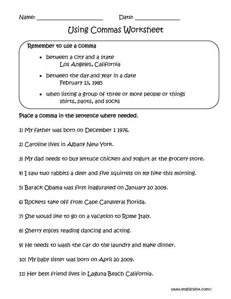 Weekly Grammar Worksheet Commas Answers