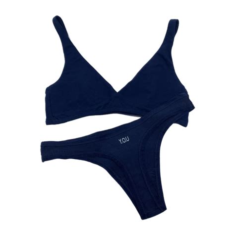 Womens Organic Cotton Matching Bralette And Thong Set Navy Blue You Underwear
