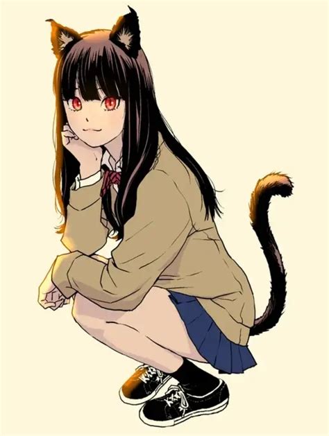 Black Haired Catgirl With Long Hime Cut And Miniskirt Original R