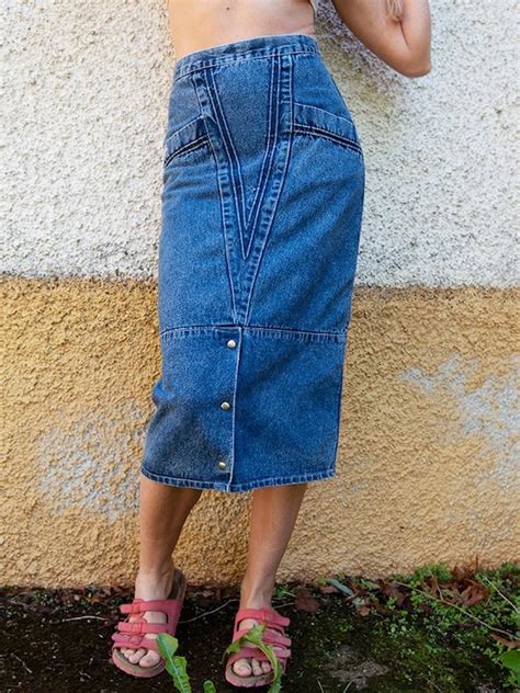 vintage blue denim midi pencil skirt gem