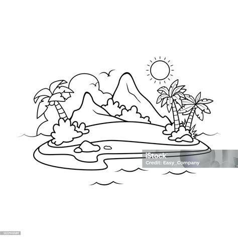 그림 일러스트 만화 바다의 섬 태양 새 산 나무의 흑백 그것은 아이콘으로 사용하거나 가정 학교를 만드는 교사 또는 부모를위한