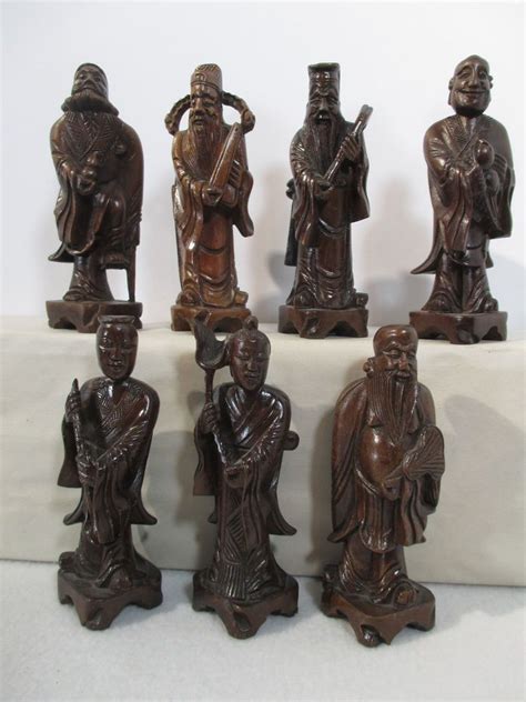 Chinese Immortals Gods Figurine Carved Wood Vintage Set Of 7 Asian