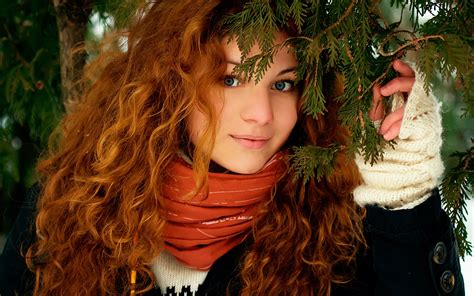 Women Redhead Long Hair Wavy Hair Model Smiling Women Outdoors Trees Sweater Blue Eyes Ebba