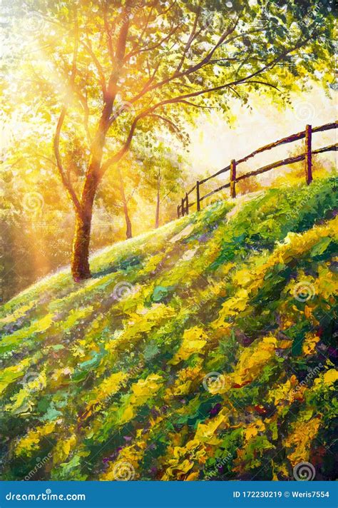 Colorful Sunny Summer Autumn Landscape Acrylic Hand Painted Oil