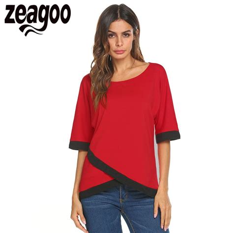 Zeagoo Patchwork Half Casual O Neck Women Sleeve Zeagoo Asymmetrical Hem Sexy T Shirt 2018 In T