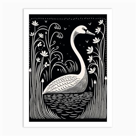 Bandw Bird Linocut Swan 6 Art Print By Feathered Muse Fy