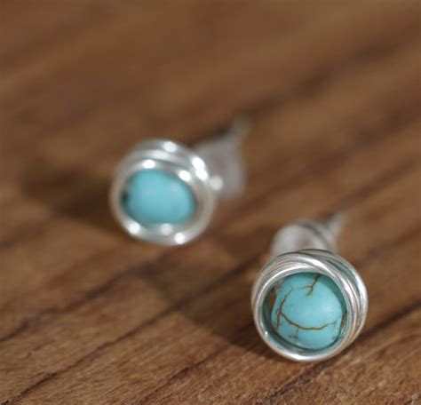 Wire Wrapped Turquoise Howlite Stud Earrings Sterling Silver Wire Wrap