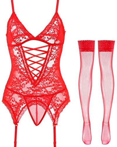 Anyou Plus Size Lingerie Set Stretchy Chemise Nightwear Red Lingerie