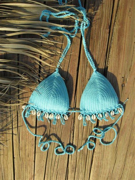 high hip crochet bikini set aqua blue with cowrie sea shell etsy bikini de ganchillo