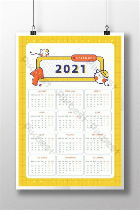 Gambar Kalender Kartun Kuning Tahun Baru 2021 Bahagia Dengan Satu