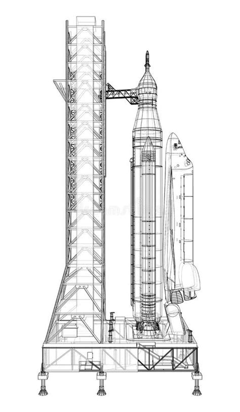 Space Rocket On Launch Pad Vector Rendering Of 3d Stock Illustration