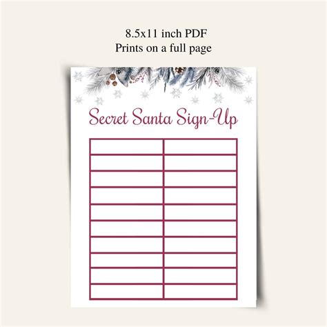 Printable Secret Santa Sign Up Sheet Christmas T Exchange Sign Up