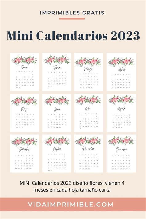 Mini Calendarios 2023 Diseño Flores Planificador Imprimible Gratis