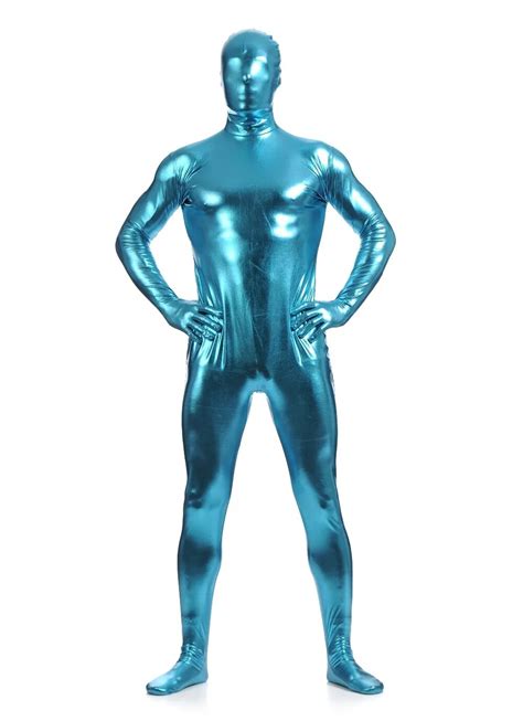 Fullbody Blue Zentai Costume Shiny Metallic Mens Tight Zentai Bodysuit Costume Full Body Shiny
