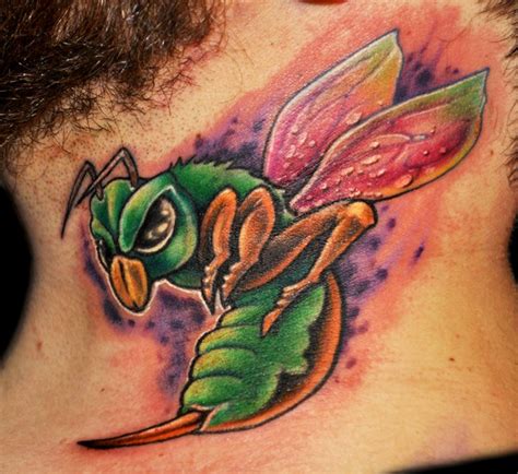 Coloured Angry Bee Tattoo On Neck Tattooimagesbiz
