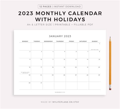 2023 Monthly Calendar With Holidays Printable Calendar Etsy Canada