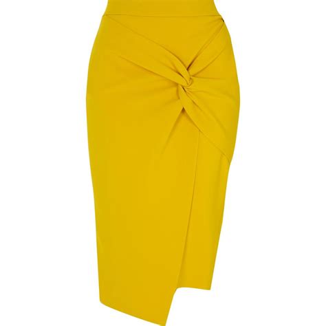 Mustard Yellow Twist Front Pencil Skirt Pencil Skirt Casual Pencil