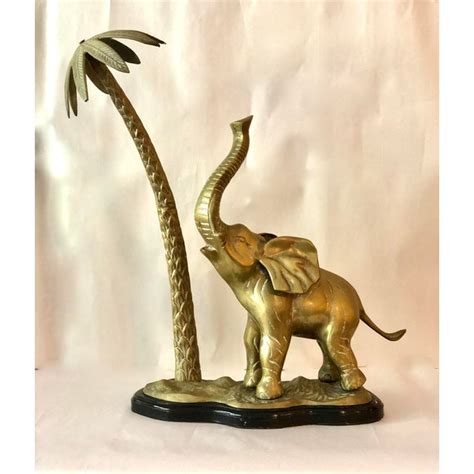 Vintage Brass Elephant And Brass Palm Tree Mounted On Wood Chairish