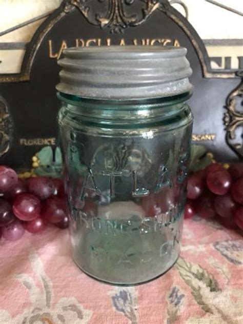 Vintage Atlas Strong Shoulder Aqua Pint Mason Jar With Zinc Etsy