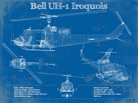 Bell Uh 1 Iroquois Huey Vintage Blueprint Helicopter Print Etsy