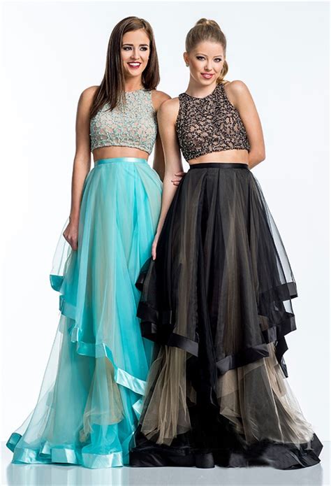 Fashion A Line Long Black Tulle Ruffle Beaded Two Piece Evening Prom Dress