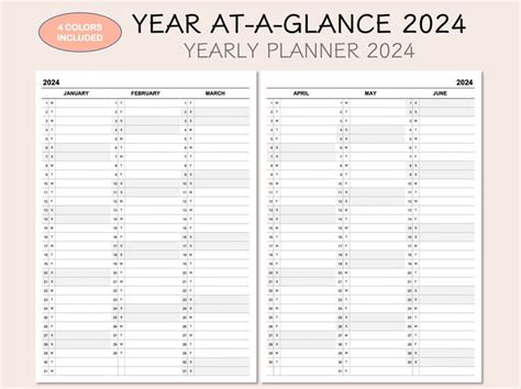 Printable Yearly Planner Calendar 2024 Yearly Overview 2024 Year At A