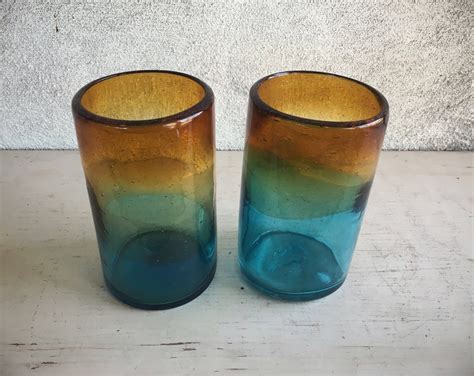 Two Drinking Glasses Mexican Blown Glass Tumblers Teal Amber Chunky Glass Southwestern Decor