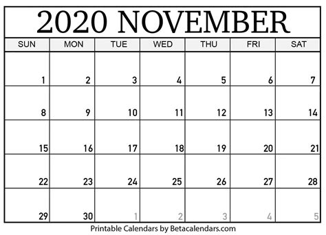 November 2020 Calendar Blank Printable Monthly Calendars