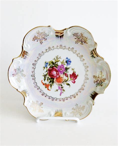 Floral Iridescent Collectible Scalloped Plate In Pinks And Purples With