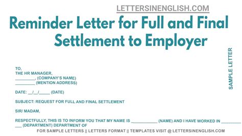 Reminder Letter For Full And Final Settlement To Employer Letter For