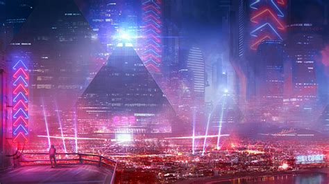 Wallpaper Futuristic Neon City Lights Towers Pyramid Skyscrapers
